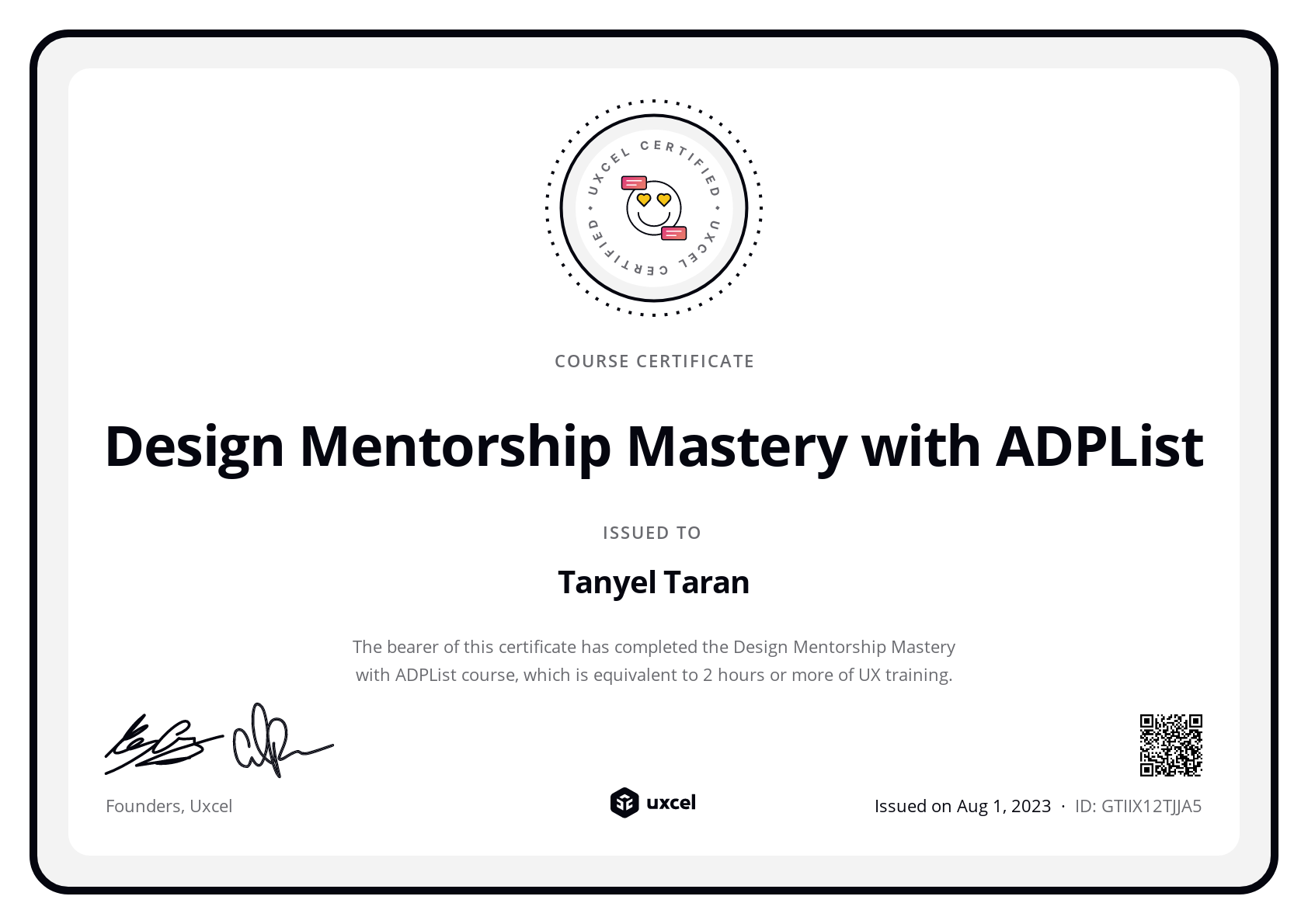 Tanyel Taran's certificate